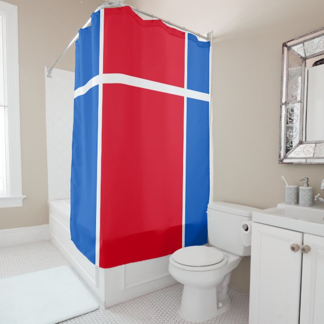 Bright Red White Royal Blue Split Racing Stripes Shower Curtain (In Situ)