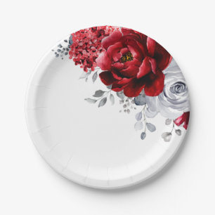 Bright Red White Silver Metallic Floral Wedding Paper Plate