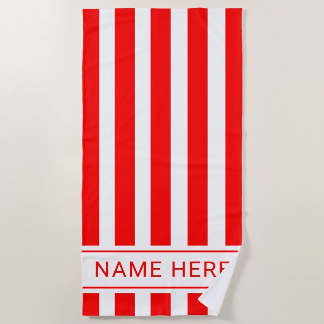 Bright Red White Stripe Towel with Your Name (Front)