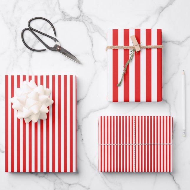 Bright Red & White Stripes Wrapping Paper Sheet (Front)
