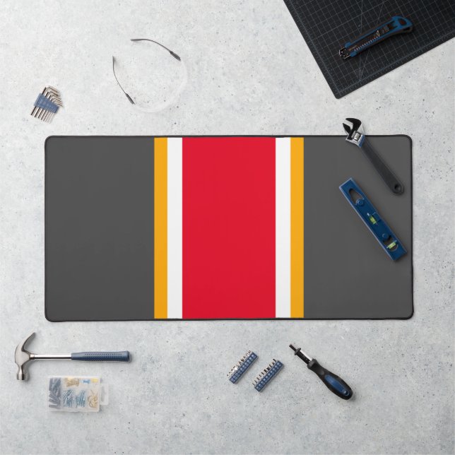Bright Red White Yellow Racing Stripes On Black Desk Mat (Workstation)
