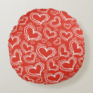 BRIGHT RED WITH WHITE HEARTS AND FLOWERS ROUND CUSHION
