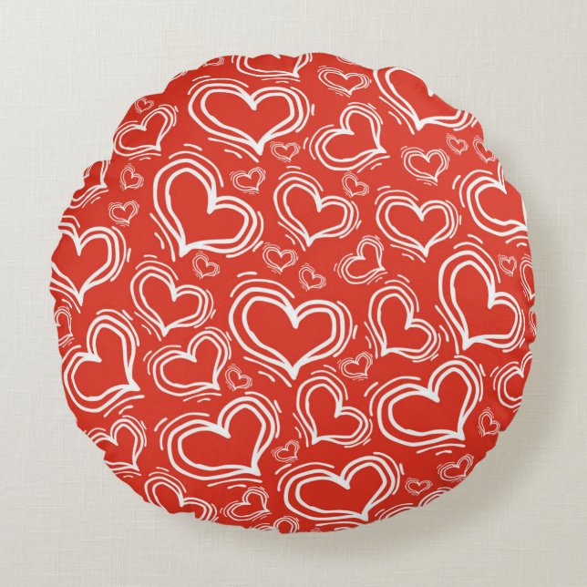 BRIGHT RED WITH WHITE HEARTS AND FLOWERS ROUND CUSHION (Front)