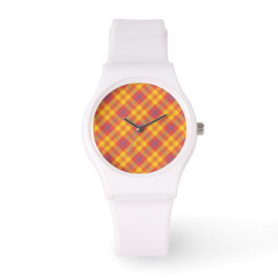 Bright Red Yellow and Blue Plaid Sporty Wristwatch