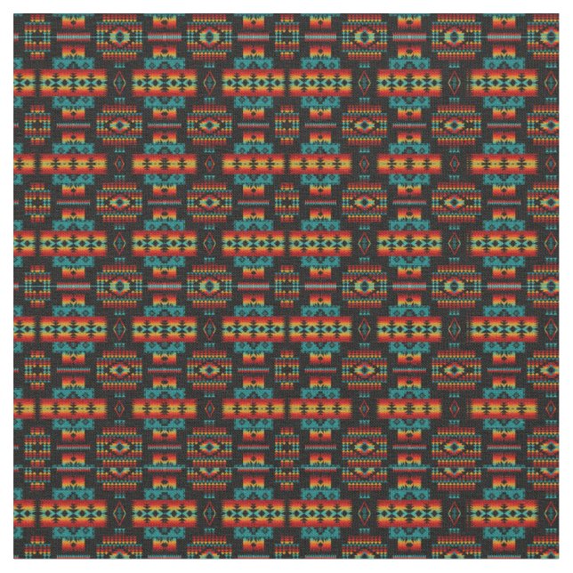 Bright Red, Yellow & Blue Native American Pattern Fabric (Close Up)