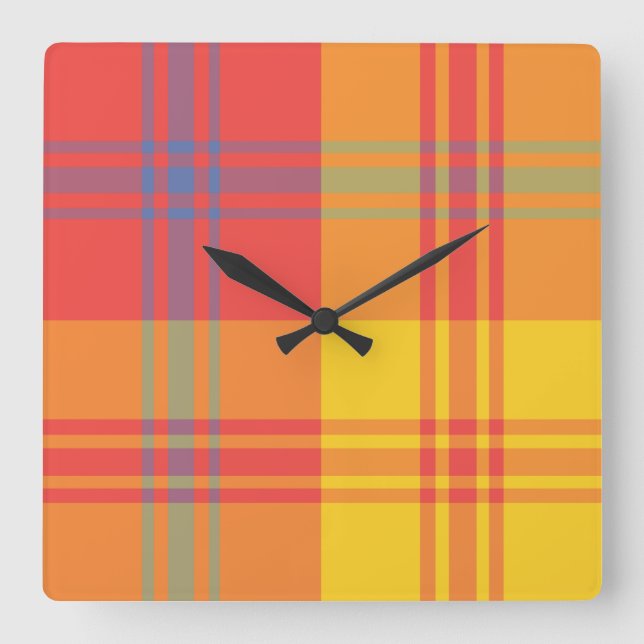 Bright Red Yellow Blue Plaid Square Wall Clock (Front)