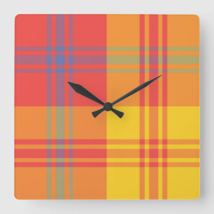Bright Red Yellow Blue Plaid Square Wall Clock