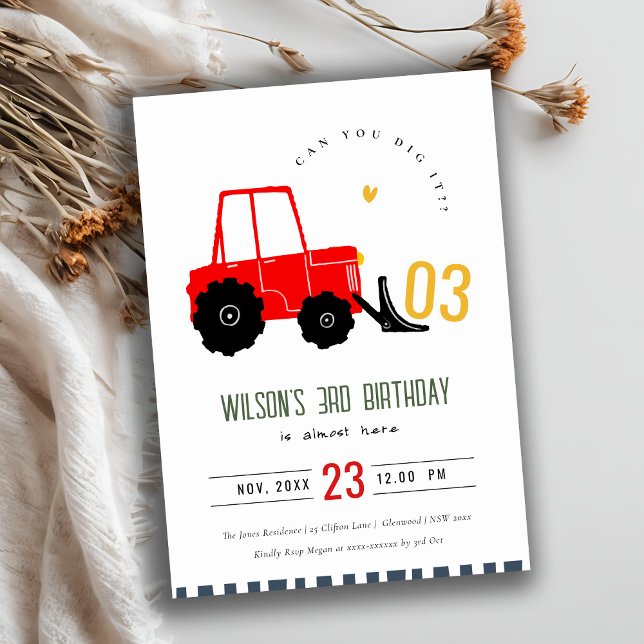Bright Red Yellow Digger Kids Any Age Birthday Invitation (Creator Uploaded)