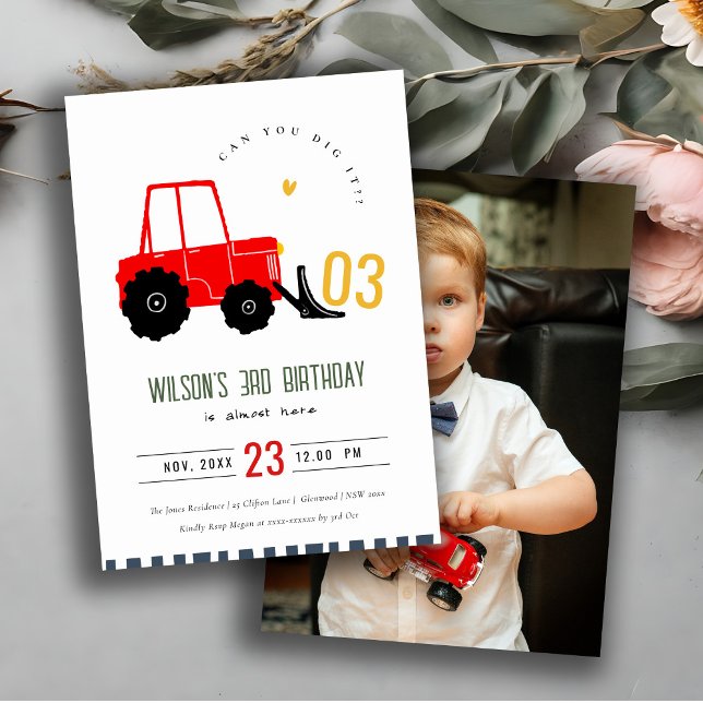 Bright Red Yellow Digger Kids Photo Birthday Invitation (Creator Uploaded)