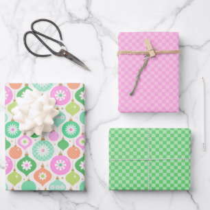 Bright Retro Christmas Ornaments & Checks Pattern Wrapping Paper Sheet