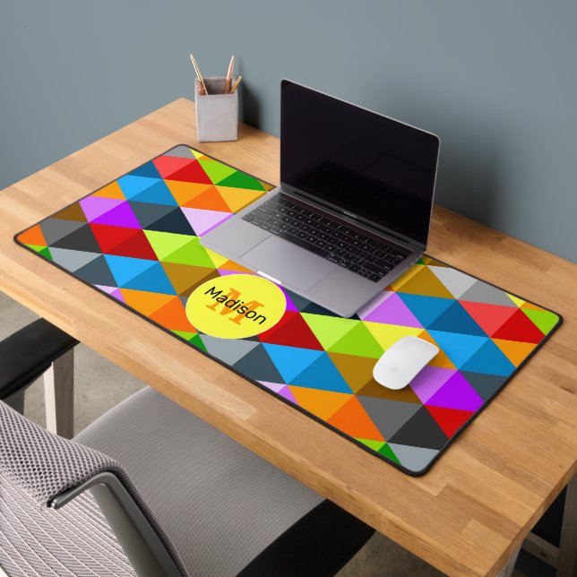 Bright retro colourful triangles pattern Monogram Desk Mat (Office 2)