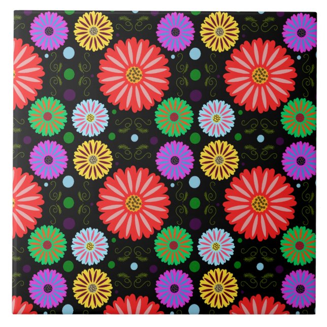 Bright Retro Floral Pattern Colourful Folk Art  Ceramic Tile (Front)