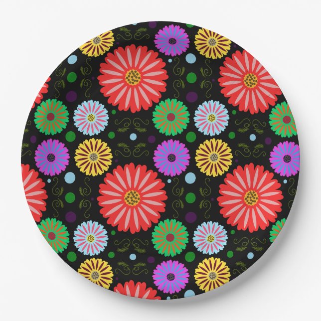 Bright Retro Floral Pattern Colourful Folk Art  Paper Plate (Front)
