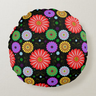 Bright Retro Floral Pattern Colourful Folk Art Round Cushion