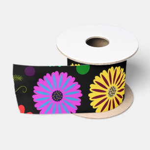 Bright Retro Floral Pattern Colourful Folk Art Satin Ribbon