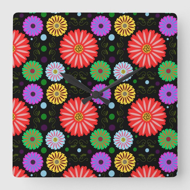 Bright Retro Floral Pattern Colourful Folk Art  Square Wall Clock (Front)