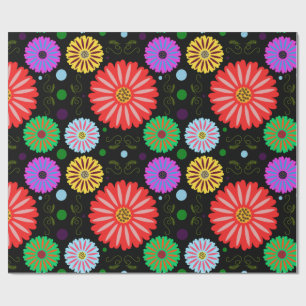 Bright Retro Floral Pattern Colourful Folk Art Wrapping Paper