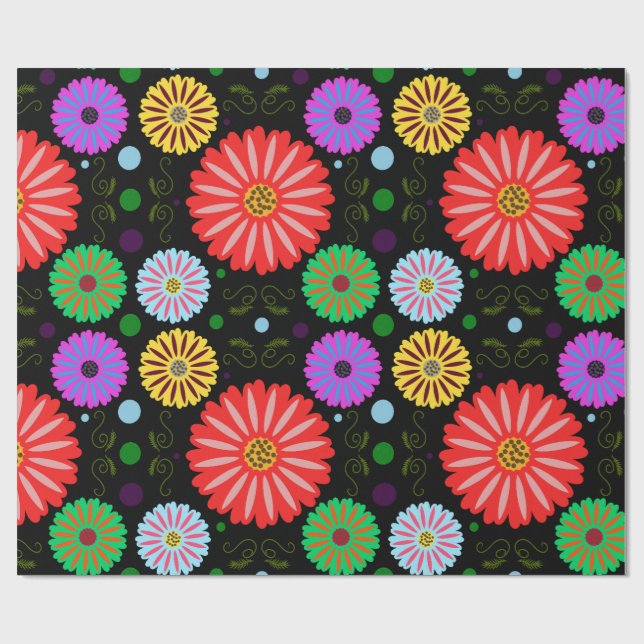 Bright Retro Floral Pattern Colourful Folk Art  Wrapping Paper (Flat)