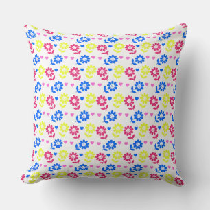 Bright Retro Floral Pattern with Hearts Cushion