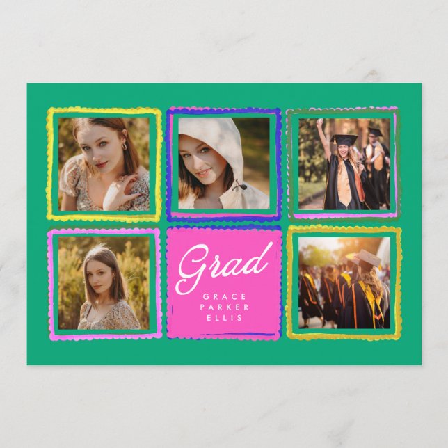 Bright Retro Graduate 5 Photo Collage Graduation  Announcement (Front)