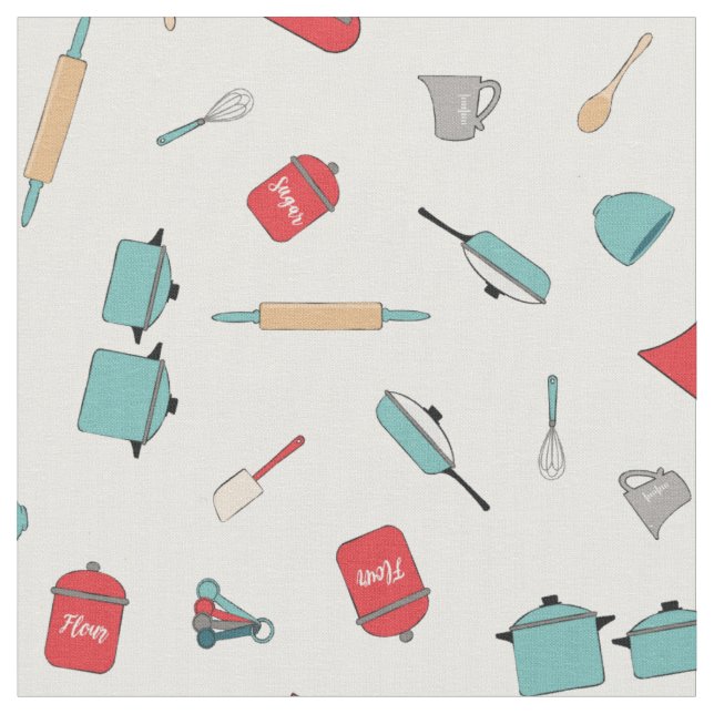 Bright, retro kitchen and baking tools & utensils fabric (Close Up)
