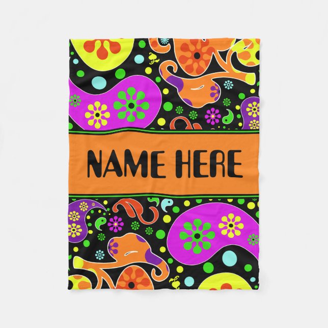 Bright Retro Paisley Pattern Custom Name Blanket (Front)