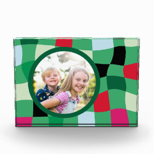 Bright Retro Plaid Round Photo Block