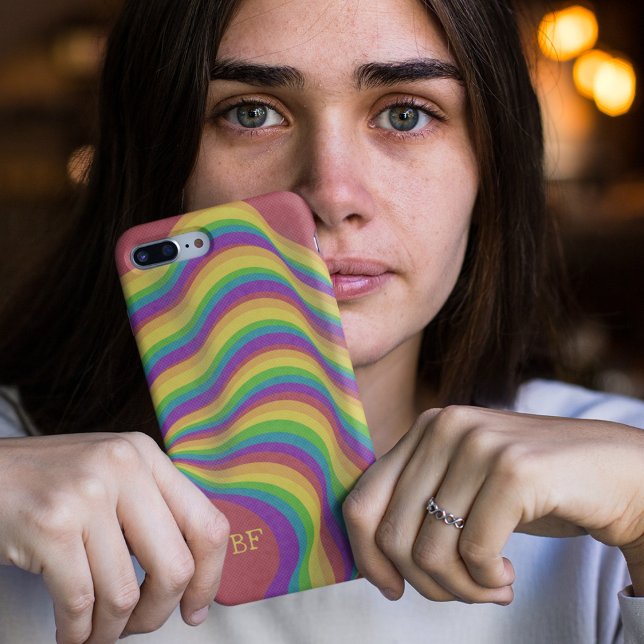 Bright Retro Wavy Rainbow Lines Monogram Initials Case-Mate iPhone Case (Creator Uploaded)