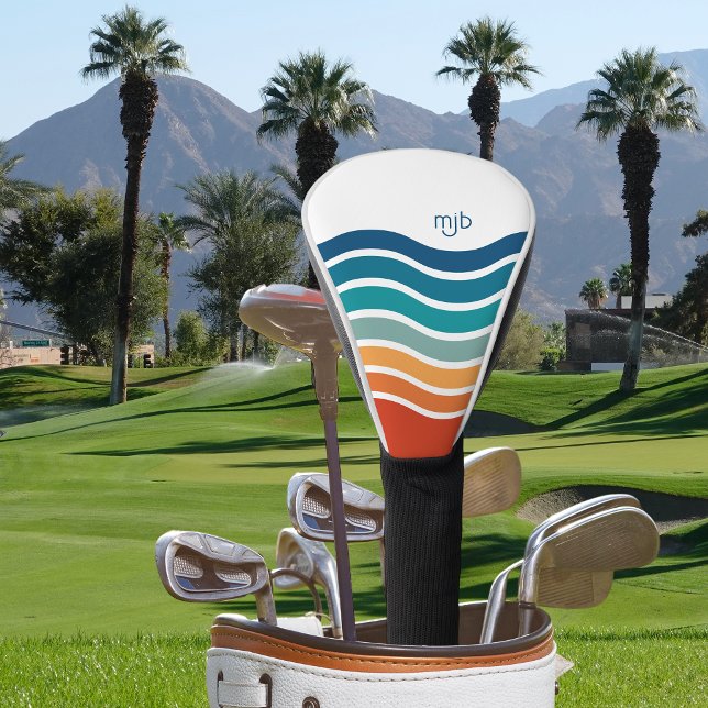 Bright Retro Wavy Stripes Pattern with Monogram Golf Head Cover (Creator Uploaded)