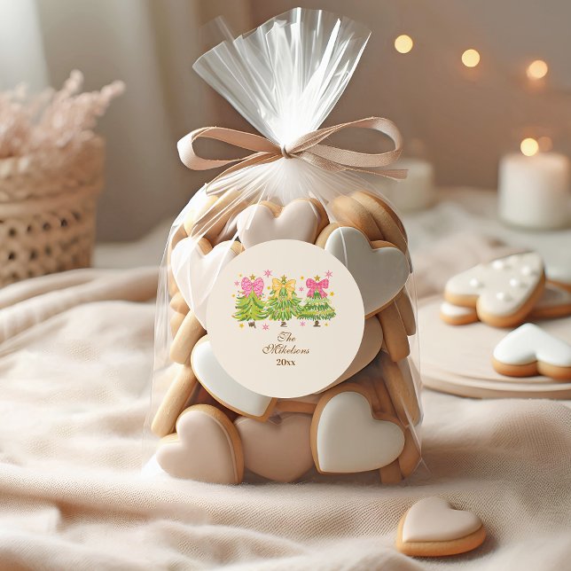 Bright Ribbon Trees Holiday Family Classic Round Sticker (Creator Uploaded)