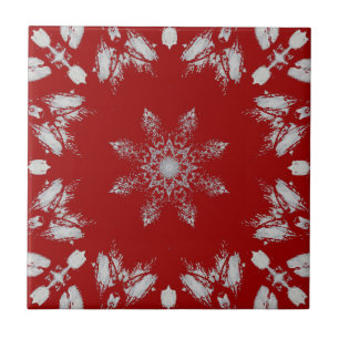 Bright rich red silver star flower geometric  ceramic tile