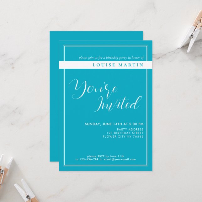 Bright Rich Sky Blue Custom Birthday Invitation (Front/Back In Situ)