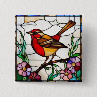 Bright Robin in Stained Glass 15 Cm Square Badge