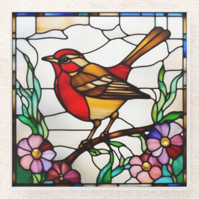 Bright Robin in Stained Glass Coaster (Front)