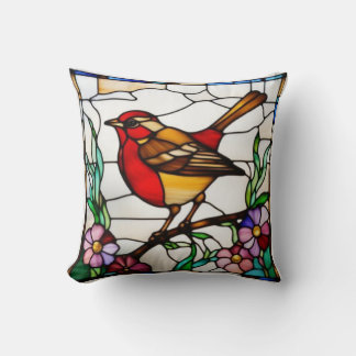 Bright Robin in Stained Glass Cushion