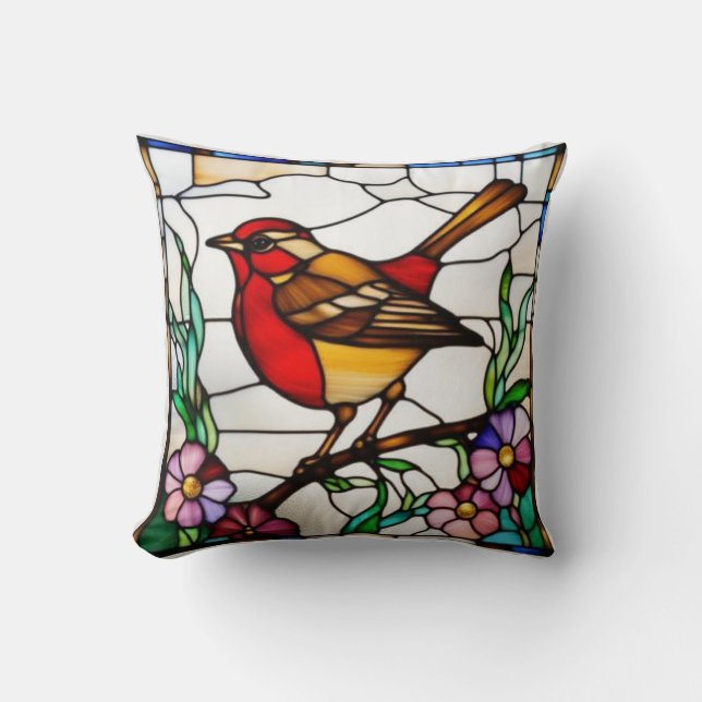 Bright Robin in Stained Glass Cushion (Front)