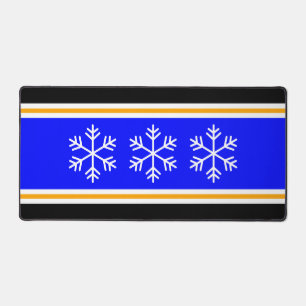 Bright Royal Blue Black Stripes Alpine Snowflakes Desk Mat