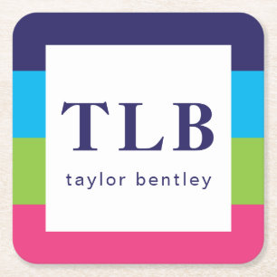 Bright Rugby Stripes Monogrammed Paper Coasters