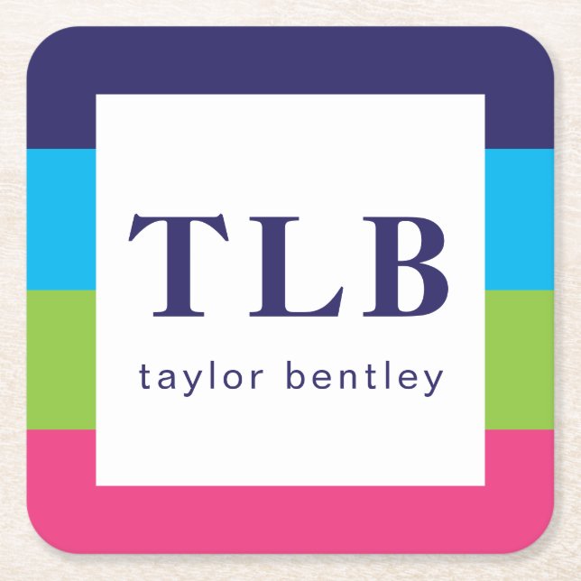 Bright Rugby Stripes Monogrammed Paper Coasters (Front)