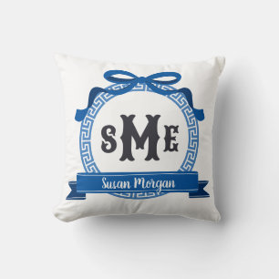Bright Sail Blue Greek Key Bow Monogram Cushion