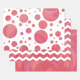 Bright Salmon Pink Colour Coordinated Patterns Wrapping Paper Sheet