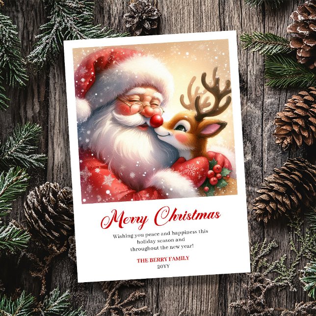 Bright Santa And Rudolph Merry Christmas Greeting  Holiday Card (Bright Santa And Rudolph Merry Christmas Greeting Card)