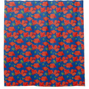Bright Scarlet Poppies on Blue Floral Pattern Shower Curtain