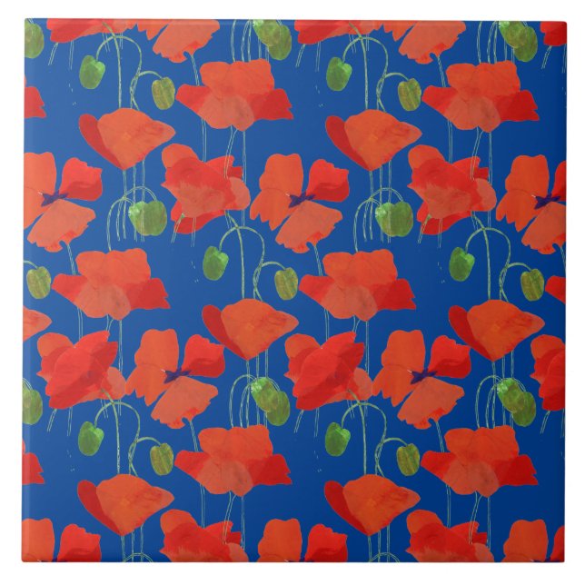 Bright Scarlet Poppies on Blue Floral Pattern Tile (Front)