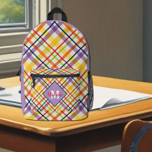 Bright School Plaid Purple Monogram Printed Backpack