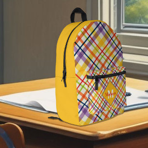Bright School Plaid Yellow Monogram Printed Backpack