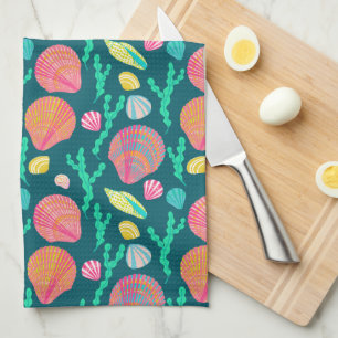 Bright Seashells and Seaweed Pattern Tea Towel