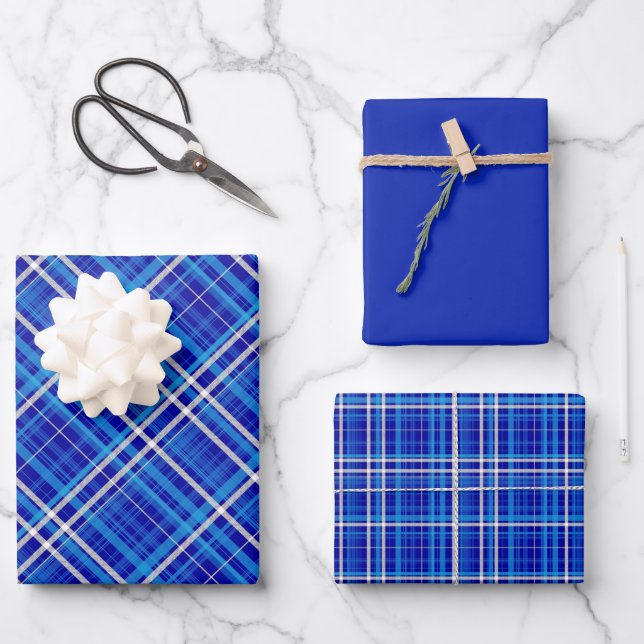 Bright Shades of Blue & White Plaid Wrapping Paper Sheet (Front)