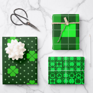 BRIGHT SHADES OF GREEN IRISH SHAMROCKS WRAPPING PAPER SHEET