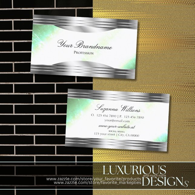 Bright Shimmery Mint and Silver Borders Innovative Business Card (Creator Uploaded)